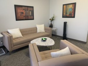 sherman oaks suite 1208, room 4, two tan sofas, paintings on walls