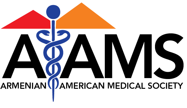 The logo of the Armenian American Medical Society, reminiscent of the Avedian Counseling Center's professional networks, showcases a caduceus symbol with vibrant red and orange shapes above the acronym AAMS.