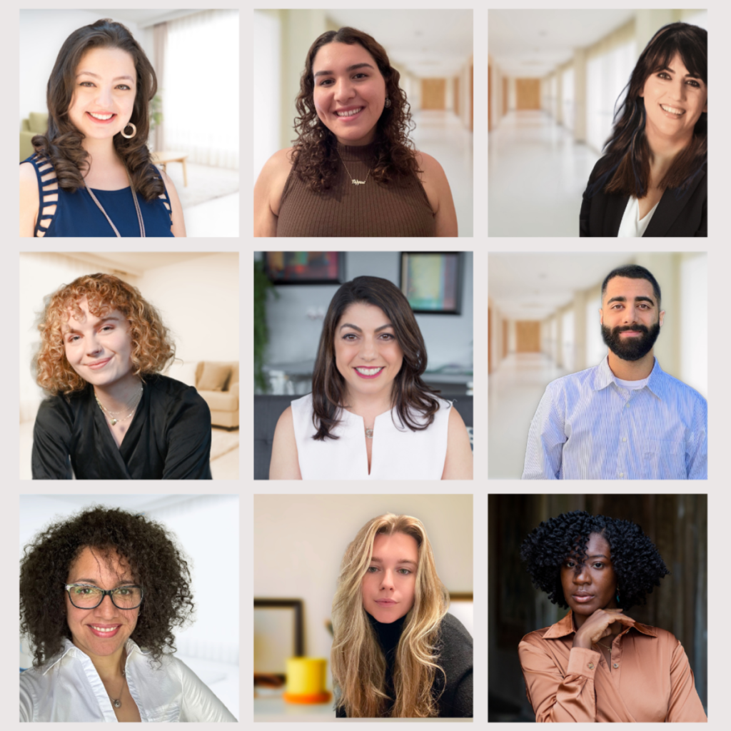 A 3x3 grid of diverse individuals, each smiling warmly, showcases the welcoming environment of Avedian Counseling Center in well-lit indoor settings.