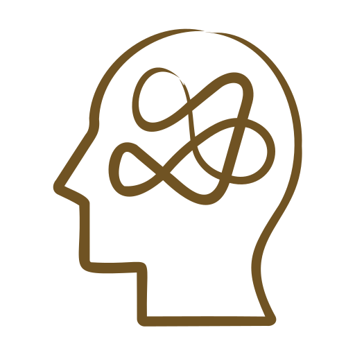 Silhouette of a head with an abstract, intertwined loop pattern inside, symbolizing the intricate specialties of complex thoughts or ideas.