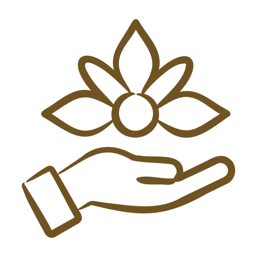 Icon of an open hand beneath a flower with five petals and a central circle, depicted in a brown outline, symbolizing nature's unique specialties.