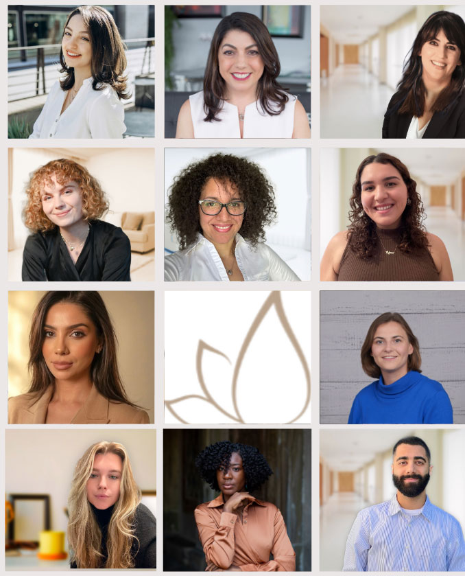 A grid of headshots featuring eleven individuals of diverse backgrounds, dressed in business or casual attire, with one central blank square displaying a simple leaf graphic, representing the supportive team at Avedian Counseling Center.