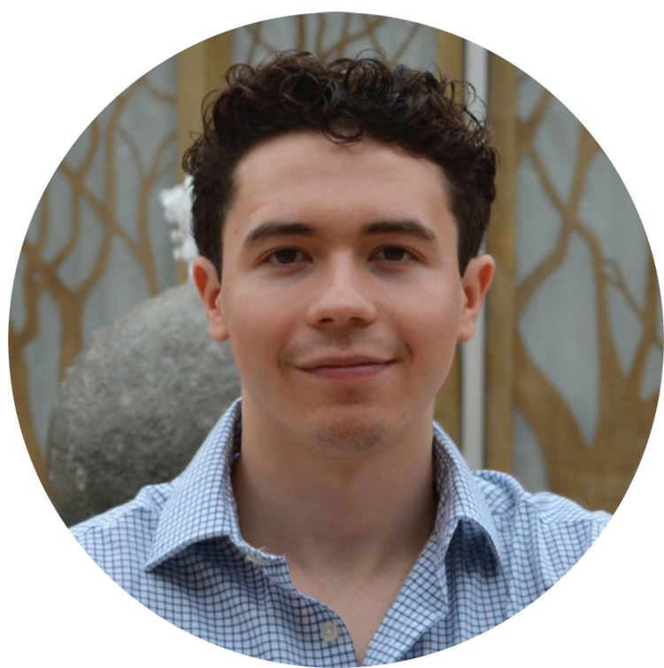 A young man with short, curly dark hair and a light complexion is wearing a blue checkered shirt and smiling slightly. A blurred background with a decorative pattern is visible.