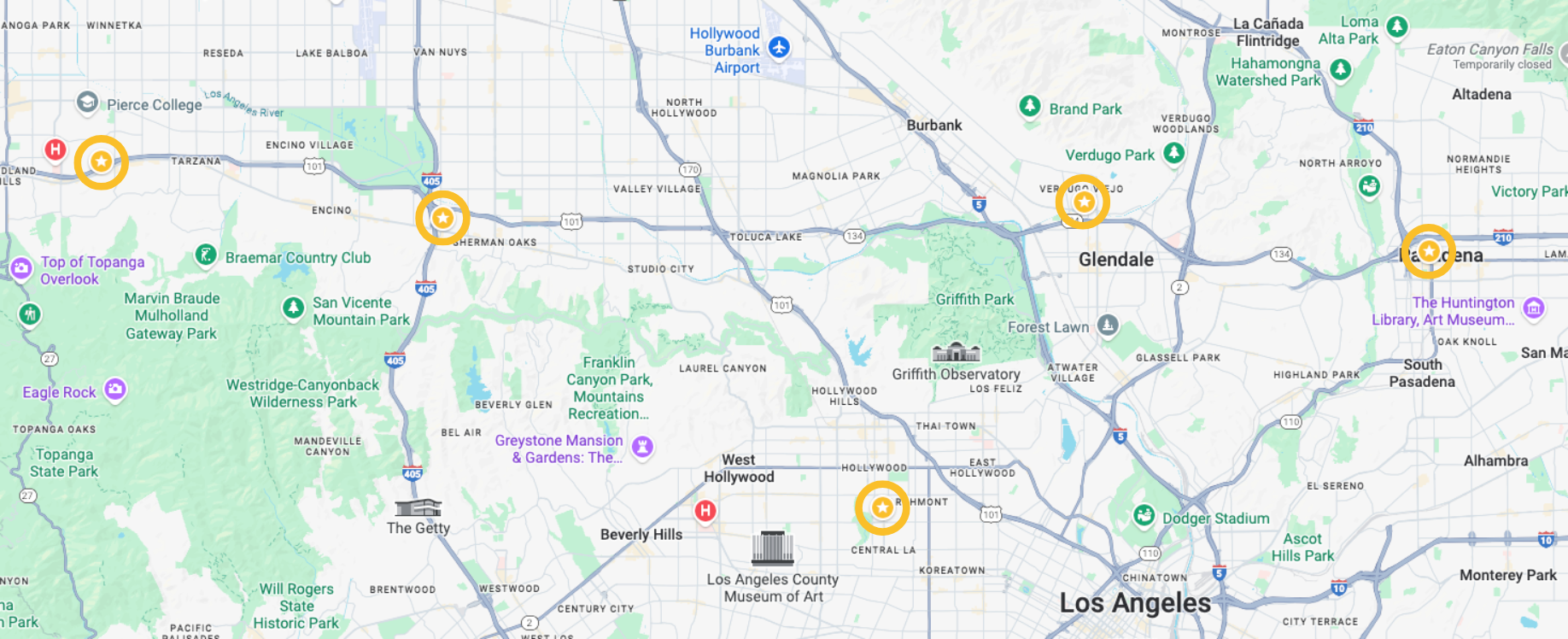 Map of Los Angeles area highlighting five locations with orange markers near Woodland Hills, Encino, Hollywood, Glendale, and Pasadena. Major roads and parks are visible—contact us for details on each spot.