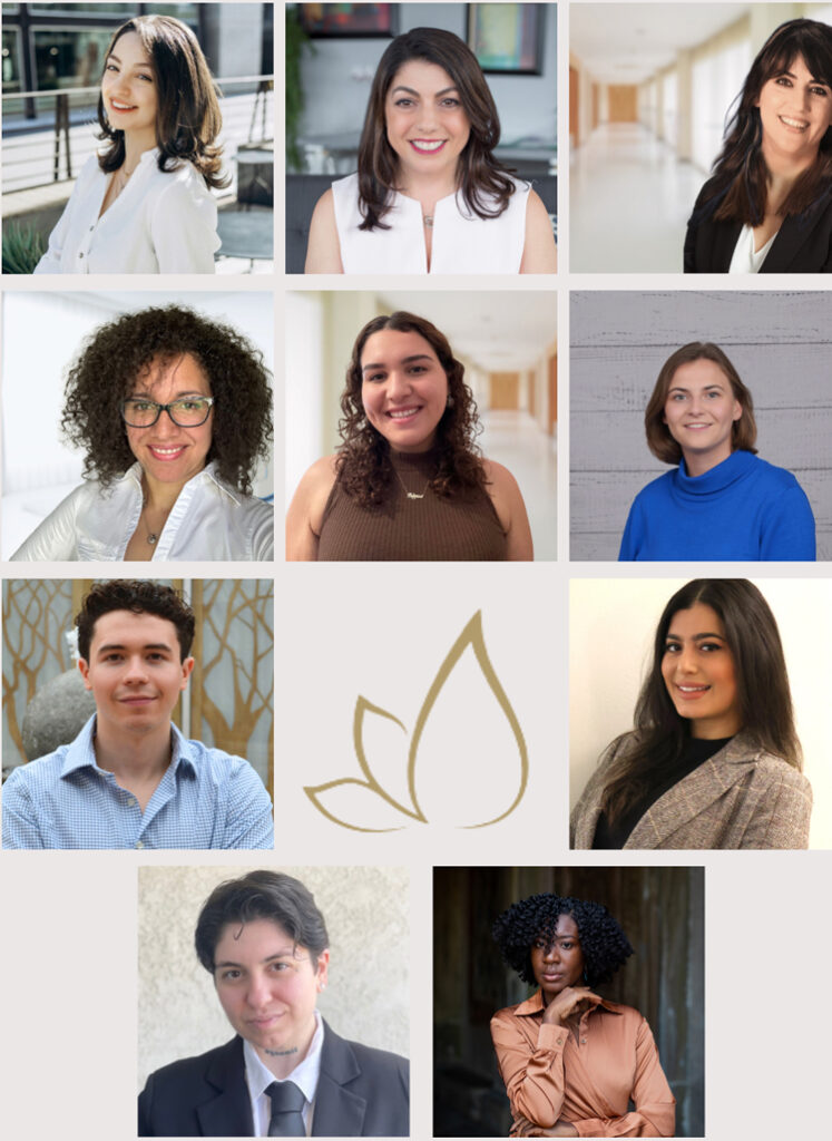 Grid of nine professionally dressed people—six women and three men—surround the Avedian Counseling Center’s simple floral logo at the center.