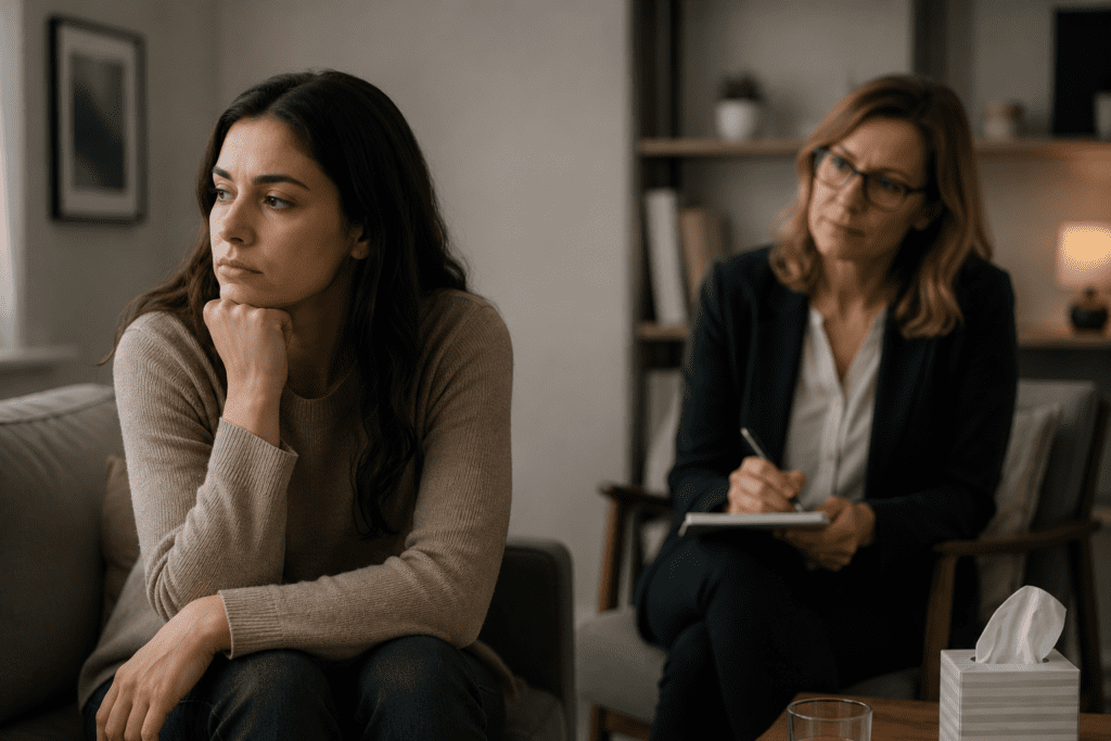 A woman sits on a couch looking away with a pensive expression while another woman with a notepad listens and takes notes in the background.
