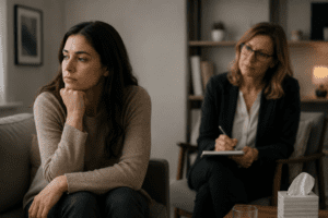A woman sits on a couch looking away with a pensive expression while another woman with a notepad listens and takes notes in the background.