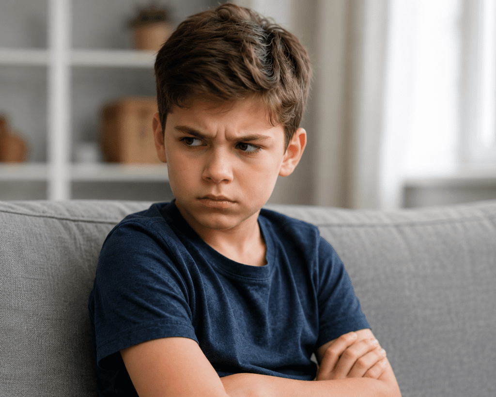 A young boy with brown hair sits on a sofa with his arms crossed, looking to the side with a serious and displeased expression.