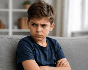 A young boy with brown hair sits on a sofa with his arms crossed, looking to the side with a serious and displeased expression.