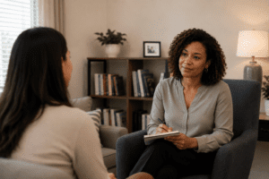 A therapist listens and takes notes while speaking with a patient in an office with bookshelves, a lamp, and potted plants in the background.