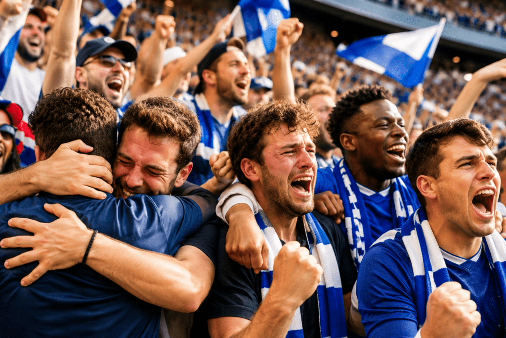 A group of excited fans wearing blue cheer and celebrate in a crowded stadium, some hugging and others shouting with joy.