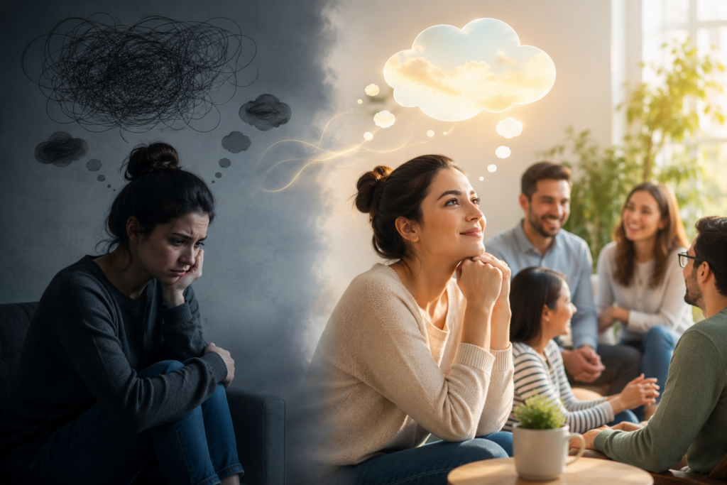 A woman sits alone looking sad with a dark scribble thought bubble, then appears happy with a bright thought bubble while socializing with a group in a sunlit room.
