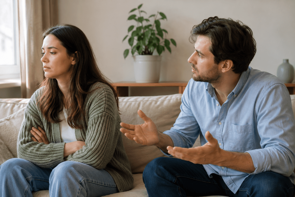 A woman sits with her arms crossed looking away while a man beside her gestures and speaks on a couch in a living room.