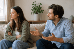 A woman sits with her arms crossed looking away while a man beside her gestures and speaks on a couch in a living room.