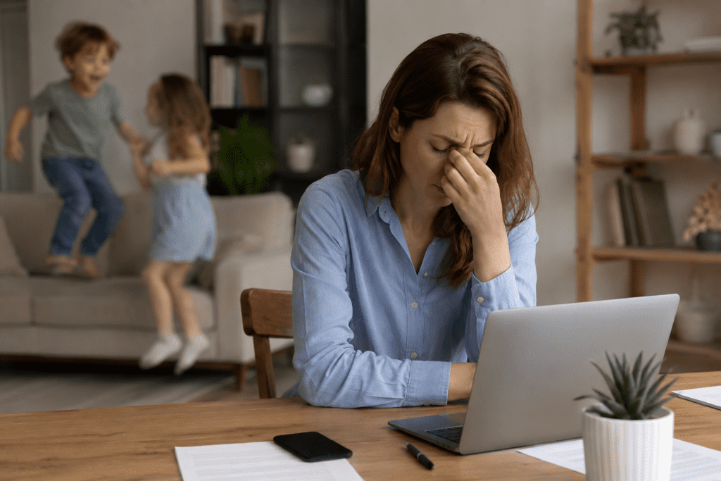 Woman sits at a table with a laptop, looking stressed with her hand on her face, while two children play energetically on a couch in the background.