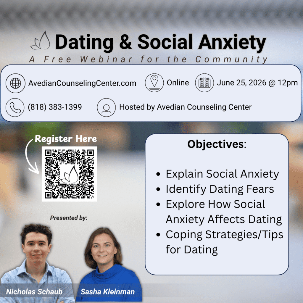 Infographic for a free online webinar on "Dating & Social Anxiety" with date, time, objectives, QR code for registration, and photos of presenters Nicholas Schaub and Sasha Kleinman.