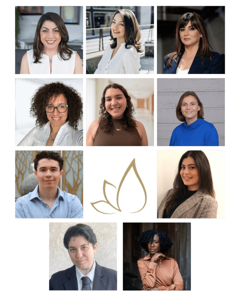 A grid of ten professionally dressed individuals, five women and five men, photographed in separate portrait-style images with a minimalist leaf logo in the center.