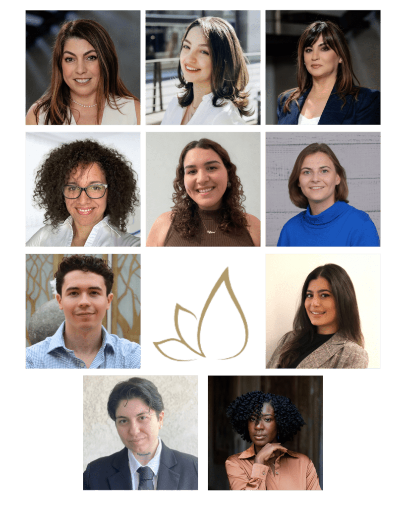 A grid of ten diverse people, one man and nine women, all facing the camera and smiling, with a stylized leaf logo in the center at the bottom.