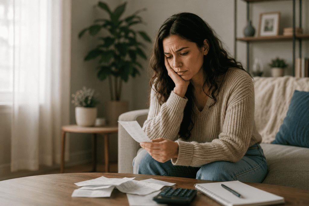 A woman sits on a couch looking concerned while reviewing a bill, surrounded by papers, a calculator, and a notebook on the table.
