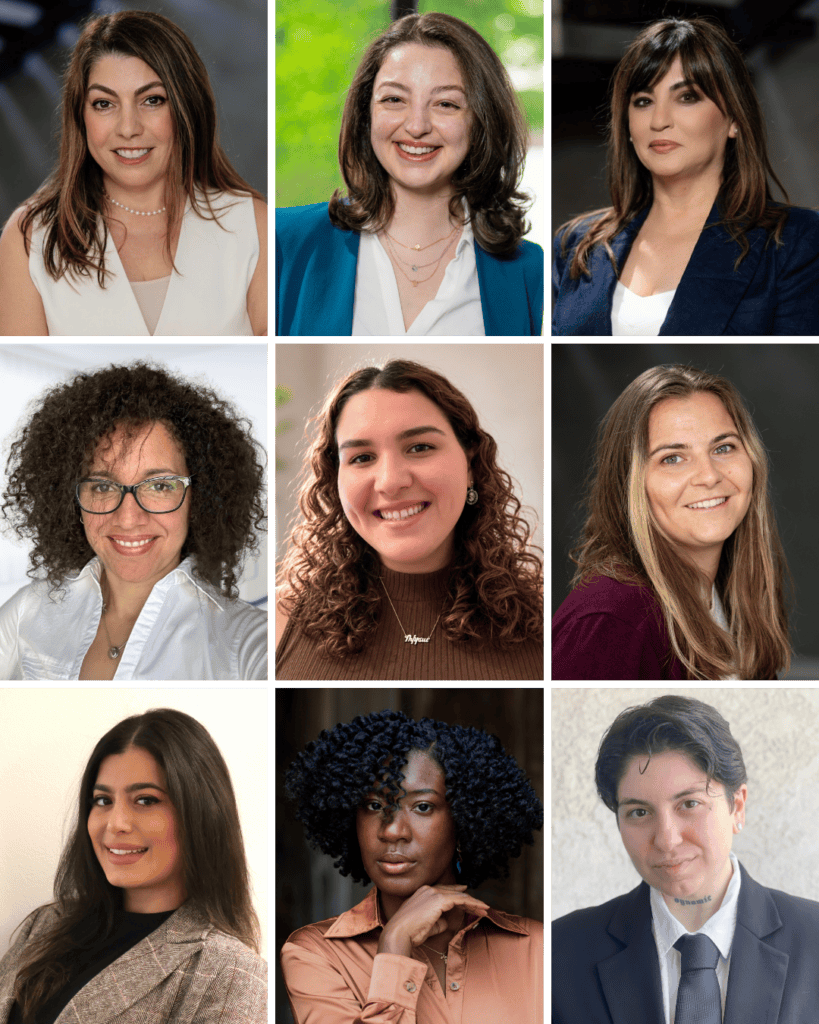 A grid of nine professional headshots featuring women of diverse backgrounds, each smiling or posing confidently against plain or blurred backgrounds.