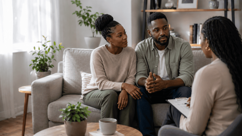 A couple sits on a couch, attentively talking with a counselor who takes notes during a session in a well-lit, modern living room.