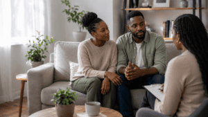 A couple sits on a couch, attentively talking with a counselor who takes notes during a session in a well-lit, modern living room.