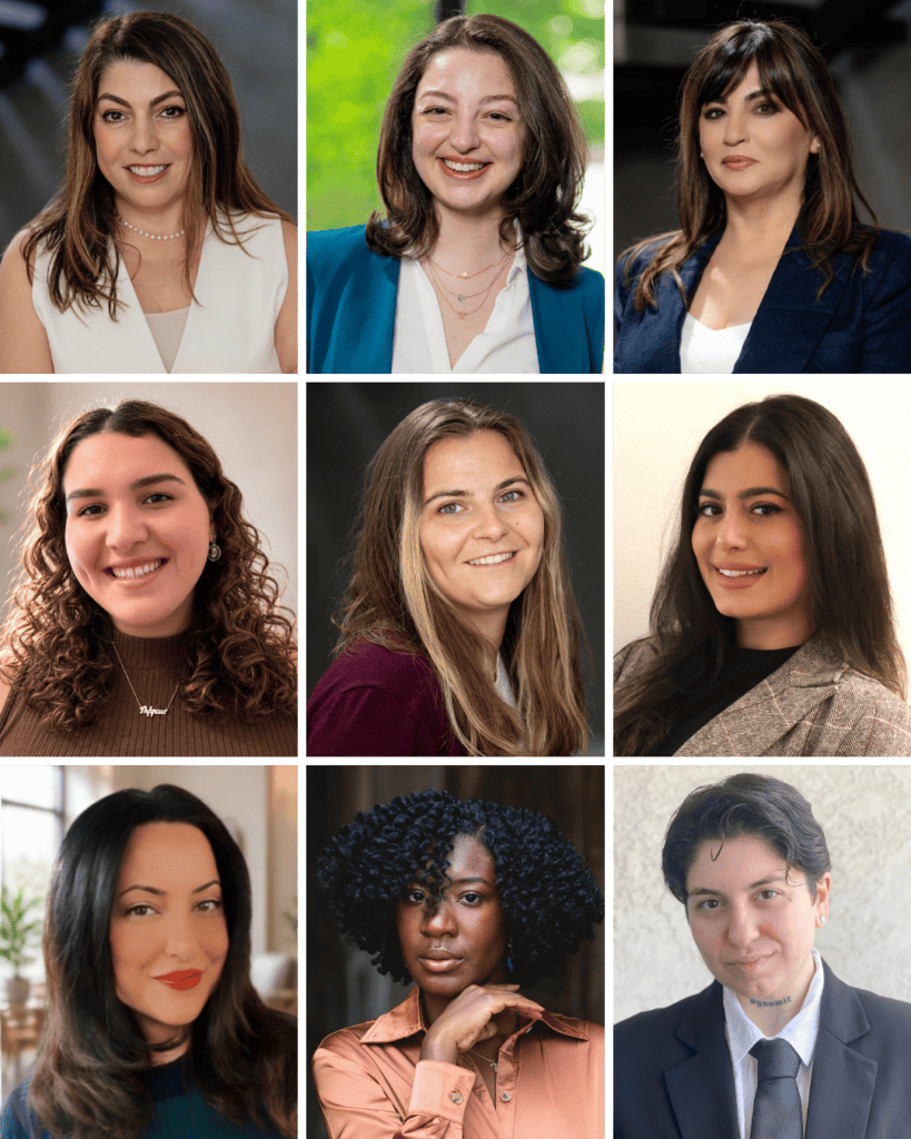 A grid of nine professional headshots featuring women of diverse backgrounds, each smiling or posing confidently against various indoor and outdoor backdrops.