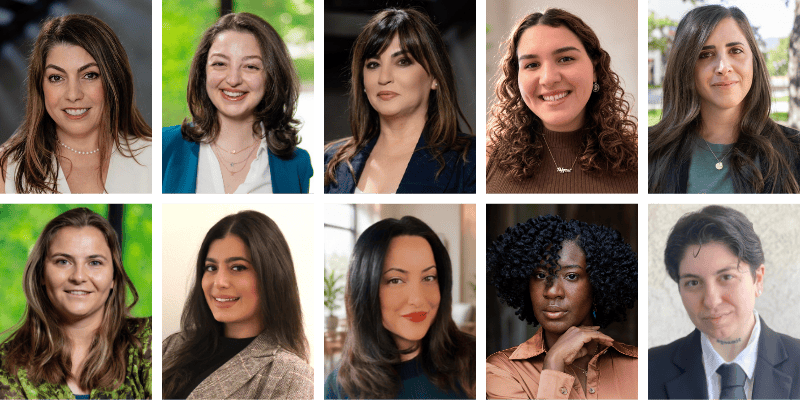 A collage of ten professionally dressed people standing or sitting, with various backgrounds including greenery, indoor settings, and blurred outdoor scenes.