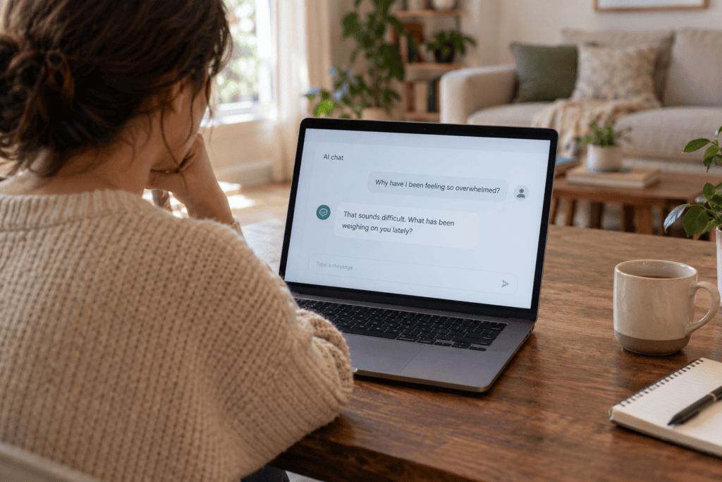 A person sits at a wooden table looking at a laptop screen showing an AI chat interface with the message “Why have I been feeling so overwhelmed?”.