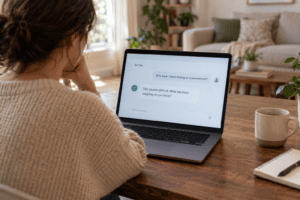 A person sits at a wooden table looking at a laptop screen showing an AI chat interface with the message “Why have I been feeling so overwhelmed?”.