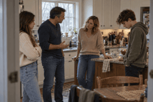 A family of four stands in a kitchen, having a serious conversation.