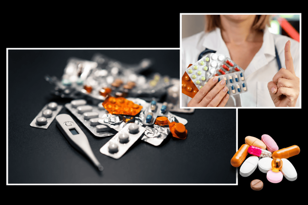 A collage showing a digital thermometer with various pill blister packs, a healthcare worker holding multiple blister packs while raising a finger, and a pile of loose, assorted prescription pills.