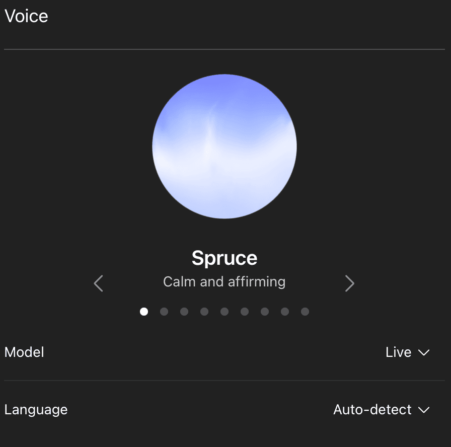Interface for selecting a voice named Spruce, described as calm and affirming, with navigation arrows and settings for model and language.