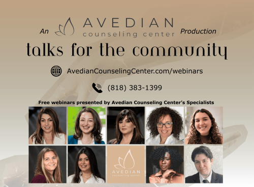 Flyer for Avedian Counseling Center’s "Talks for the Community" free webinars, with contact info and headshots of eight specialists.
