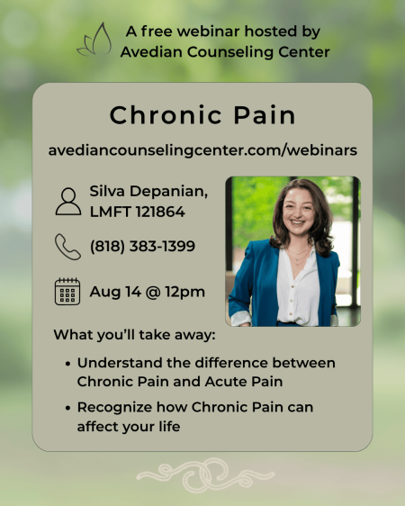 A webinar flyer for "Chronic Pain" with details, presenter Silva Depanian, date Aug 14 @ 12pm, contact info, and learning objectives on a green background.